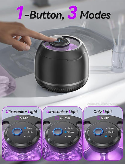 Beser Ultrasonic Retainer Cleaner, 2X Clean, 4X Sterilize, Dental Retainer Cleaner Machine Pod for Aligner, Nightguard, Mouth Guard, Denture Cleaner, Oral Dental Care, IPX6, Black FSA HSA Approved