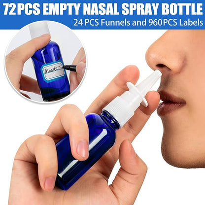 120 Pcs Nasal Spray Bottle, 1OZ/30ML Bule Empty Glass Nasal Spray Bottles Refillable with 24 Funnels and 24 Labels