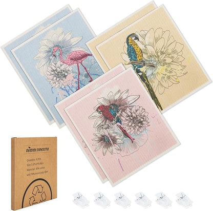 Swedish Dishcloths for Kitchen, 6 Pack Birds Flower Swedish Dish Towels with Clips, Reusable Paper Towels Washable Non-Scratch Super Absorbent Cellulose Sponge Cloths, Biodegradable No Odor