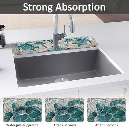2PCS 24" X 5.5" Kitchen Sink Splash Guard Faucet Mat Sea Turtles Super Absorbent Fast Drying Faucet Guard & Draining Mat Sink Splash Guard Behind Faucet for Kitchen, Bathroom