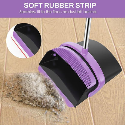 Broom and Dustpan Set for Home, 51-in Long Adjustable Handle Angle Broom and Dustpan Combo Set with Dust Pan Teeth to Clean Hair for Home Kitchen Office Lobby Floor Garden (Black&Purple)