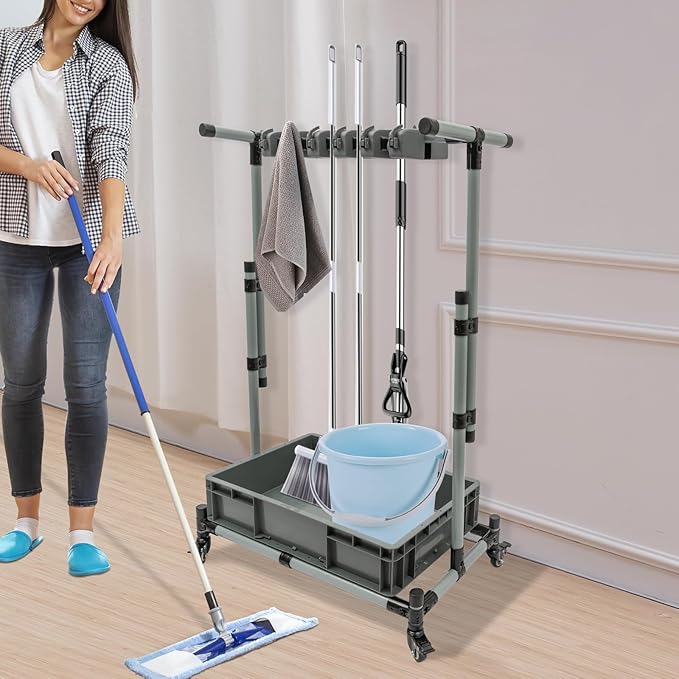 Broom and Mop Holder, Movable Floor-Mounted Mop Rack, Adjustable Height Freestanding Cleaning Tool Cart, Cleaning Supplies Organizer Holder w/10 Mop Slots for Garage Schools Hospitals Hotels