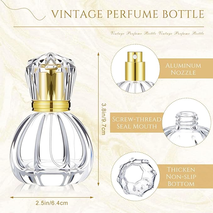 Teenyyou 12 Pack 50ml/1.7oz Refillable Glass Perfume Spray Bottles, Empty Crystal Glass Fragrance Spray Bottles Bulk, Vintage Atomizer with Refill Tool for Travel, Home Decor(Pumpkin Gold)