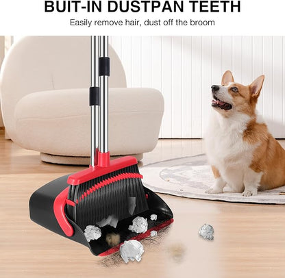 NACENA Broom and Dustpan Set, 52-in Long Adjustable Handle Broom Dustpan Combo with Dustpan Teeth to Automatically Clean Hair Suitable for Home Kitchen Office Hall Floor (Black&Red), 2 Pack