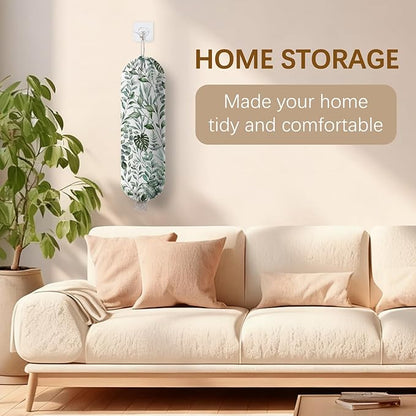 Plant Plastic Bag Holder, Wall Mount Organizer for Reusable Canvas Grocery Bags, Plants Hanging Plastic Bag Dispenser, Green Leaves Shopping Bags Storage Dispenser Decorative Home Kitchen Pantry Decor