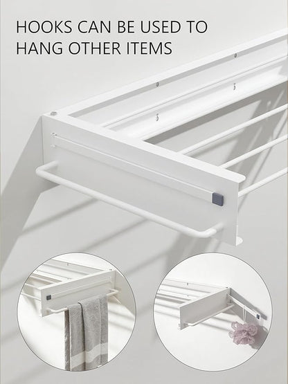 JOOM Laundry Drying Rack Collapsible, Wall Mounted Drying Rack, Clothes Drying Rack, 31.5" Wide, 5 Aluminum Rods, 60 lb Capacity (White 31.5" with Poles)