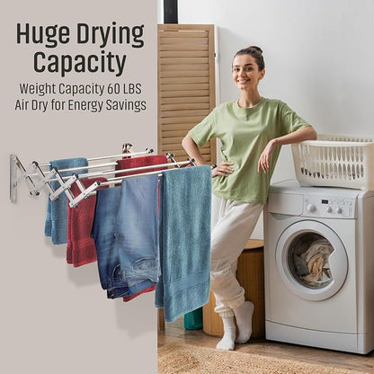 Smartsome Wall Mounted Clothes Drying Rack | Adjustable 18–33" Width | 20 Linear Feet Drying Capacity | 8 Stainless Steel Rods | 60 lb Capacity | Fully Assembled | Compact Space-Saving Design