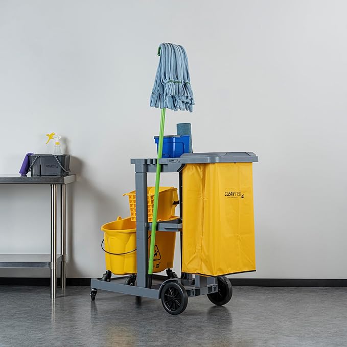 Restaurantware-Clean Tek Professional Janitor Cart with Wheels, 1 Cleaning Trolley with Cover and 18 Gallon Bag - 3 Shelves, Heavy-Duty, Gray Plastic Commercial Janitorial Cart, for Restaurants