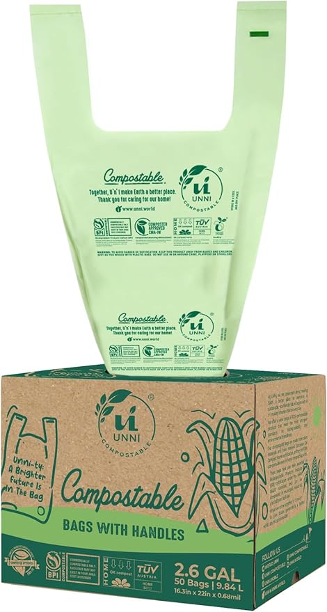 UNNI 2.6 Gallon Compostable Trash Bags with Tie Handles, 50 Count Small Food Scrap Kitchen Compost Bags for Countertop Bin, Certified by BPI, CMA & OK compost HOME, Meets ASTM D6400