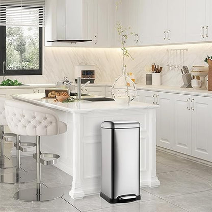 Garvee 8 gal/30 L Kitchen Trash Can, Stainless Steel Garbage Can with Soft Close Lid, Foot Pedal and Removable Inner Bucket for Home Office Bedroom Bathroom, Silver