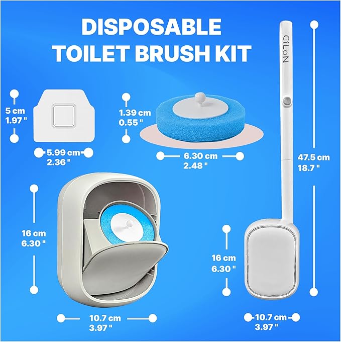 CiLoN Disposable Toilet Cleaning System + 30 Carry Detergent Disposal Toilet Bowl Brush Refills. Space-Saving Wall Mounted Toilet Brush and Holder for Modern Bathrooms. (Starter Kit + 30 Brush)