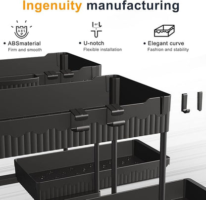 Sevenblue 2 Packs Under Sink Organizer, Height Adjustable 2 Tier Under Kitchen Sink Organizer, Multi-Purpose Storage Shelf for Kitchen Bathroom Cabinet (Black, L)