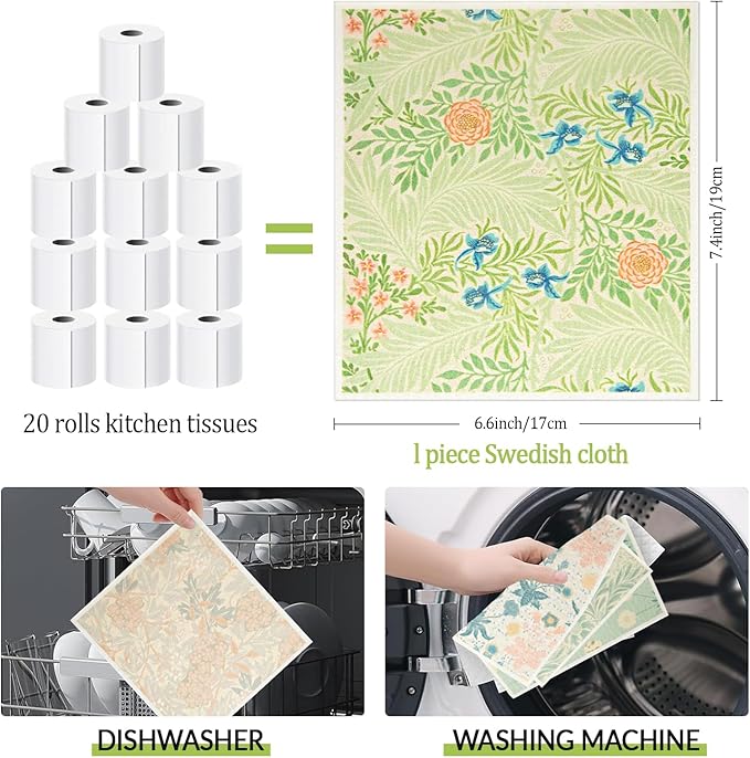 6 - Pack Swedish Kitchen Dish Cloths - Reusable Paper Towels for Counters & Dishes - Eco Friendly Cellulose Sponge Cloth (Flower Pattern)