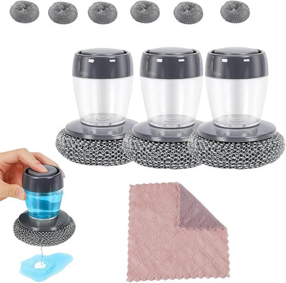 Comfort Grip Soap Dispensing Kitchen Scrub,Dish Brush with Soap Dispenser Steel Wool Scrubber,Soap Dispensing Scrubber for Dishes Pans Kitchen Sink Bathtub Tile and Household (3pcs)