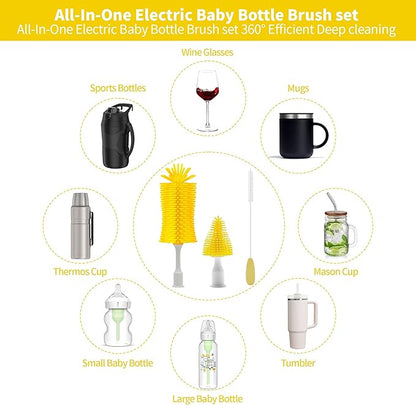Electric Bottle Brush Cleaner, Portable Electric Baby Bottle Brush Cleaner for Travel, Rechargable Travel Bottle Cleaner Kit with Nipple & Straw Brush, Perfect Mom Essentials After Birth Gift, Yellow