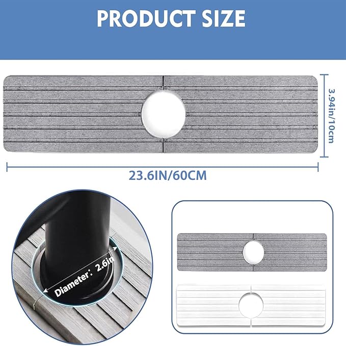 Diatomite Sink Splash Guard - DryingNeat Kitchen Faucet Mat, Instant Dry Water Absorbing Stone Tray for Sink, Durable Protector for Kitchen Bathroom Counter [Light Grey]