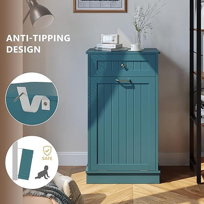 LOUVIXA Tilt Out Trash Can Cabinet, Hidden Trash Cabinet with Drawer, Wooden Dog Proof Trash Can Holder, Tilt Out Laundry Hamper, Garbage Can Holder (Teal-Blue)
