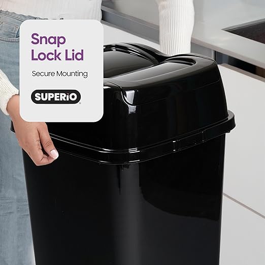 Garbage Can with Swing Top-Split Lid | Large Kitchen Trash Can with Lid | Durable Plastic |Slim & Sturdy Trash Bin | Fingerprint Resistant | 13 Gallon / 50 qt / 50 L - Black | Superio