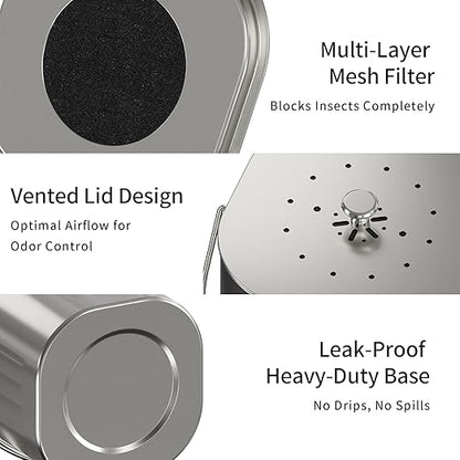 MRBIN Stainless Steel Kitchen Compost Bin Countertop Trash Can with Lid and Charcoal Filter, Metal Small Indoor Rubbish Dustbin for Food Waste Recycle