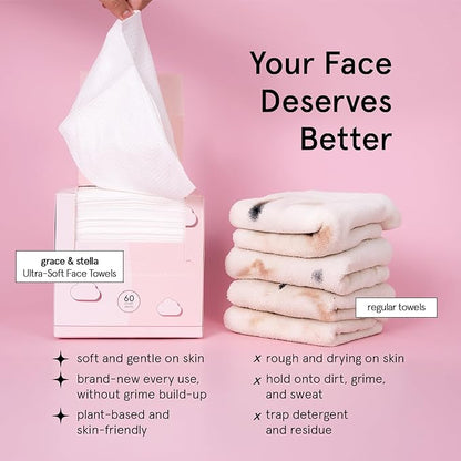 grace & stella Face Towels Disposable - Travel Essentials - Ultra-Soft & Absorbent Face Wipes Towelettes - XL Facial Towels for Cleansing & Makeup Removal - Lint-Free Facial Tissue - Vegan (60 Count)