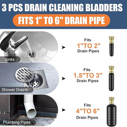3 Pcs Drain Bladder Kit, Drain Cleaning Bladder Fits 1" to 6" Pipes, with 10 ft Retractable Hose, Shut-Off Valve & Brass Faucet Adapter Fits Most Faucets– For Sinks, Showers, Pools & Drains (Black)