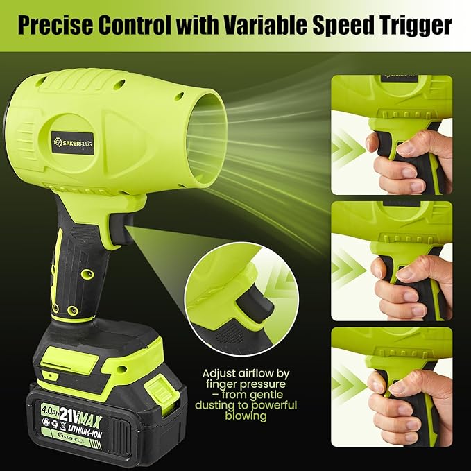 SakerPlus Cordless Leaf Blower,Portable Dust Cleaner with 2 Batteries, 21V 4.0Ah Electric Handheld Blower, 3-Speed Adjustable,Mini Lightweight Leaf Blower for Yard, Patio, Garage, Car (Green)