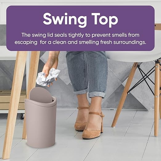 Superio Small Bathroom Trash Can with Lid, Modern Mini Waste Bin with Swing Lid (1 1/2 Gallon, 6 Liter) Plastic Garbage Can for Kitchen, Bathroom, Bedroom, Office, Under Desk (4, Taupe)