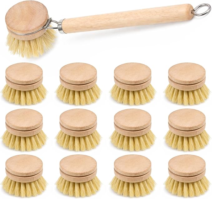 12pcs Dish Brush with Wooden Handle Natural Kitchen Brush Washing Scrubber Kitchen Dishwashing Washing Up Brushes Heads Bristle Brushes Refills for Sinks Cleaning Cast Iron Pots Pans Vegetables