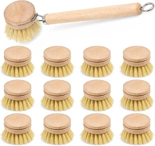 12pcs Dish Brush with Wooden Handle Natural Kitchen Brush Washing Scrubber Kitchen Dishwashing Washing Up Brushes Heads Bristle Brushes Refills for Sinks Cleaning Cast Iron Pots Pans Vegetables