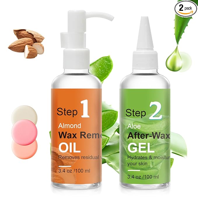 After Waxing Skin Care Kit, Almond Oil For Remove Wax Residue, Post Wax Cooling Aloe Vera Gel For Calm and Soothing Skin, 2 Bottles Hair Removal Waxing Nursing Kit for Women 3.9oz/100ml