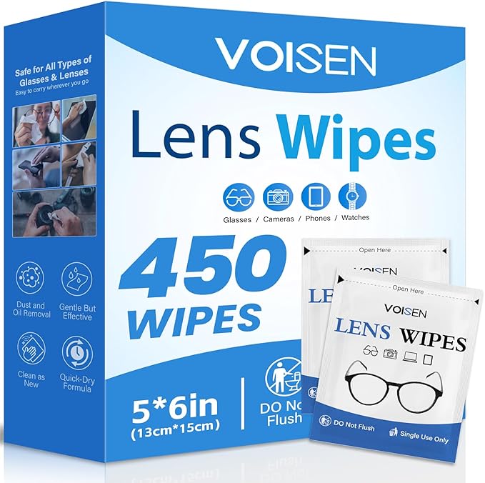 VOISEN Lens Wipes for Eyeglasses,450 Pack Eye Glasses Cleaner Wipes,Pre-Moistened Individually Wrapped Lens Wipes,Non-Scratching Non-Streaking,Safe for Eyeglasses, Goggles, Camera Lens, Phone