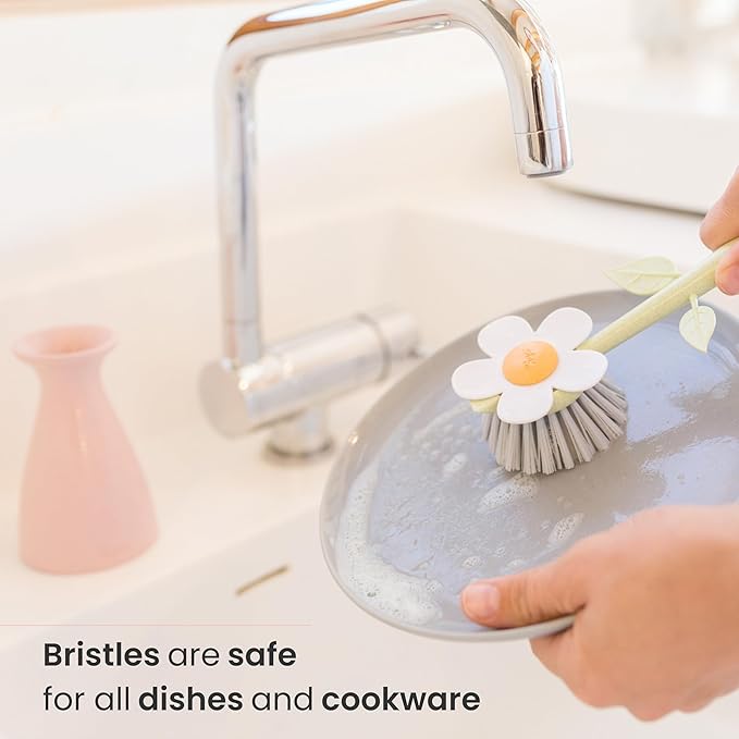Vigar Florganic Dish Brush with Holder - Dish Scrubber with Handle for Dishes, Kitchen Sink Cleaning Brush, Pot Scrubber, Kitchen Scrub Brush, Dishwashing Brush Tool for Sink Cleaning - Pink
