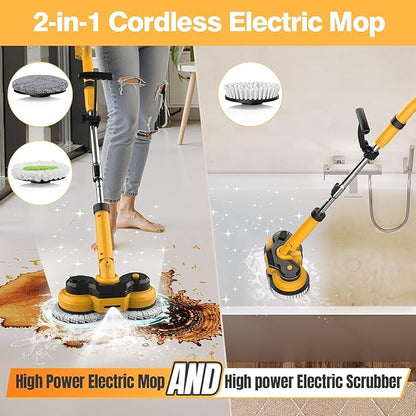 Cordless Electric Mop for Dewalt 20V Battery (NO Battery), 2 in 1 Spin Mop & Electric Floor Scrubber Machine with LED Light & Water Spray, 800 RPM Rotating Electric Mops for Floor (Golden)