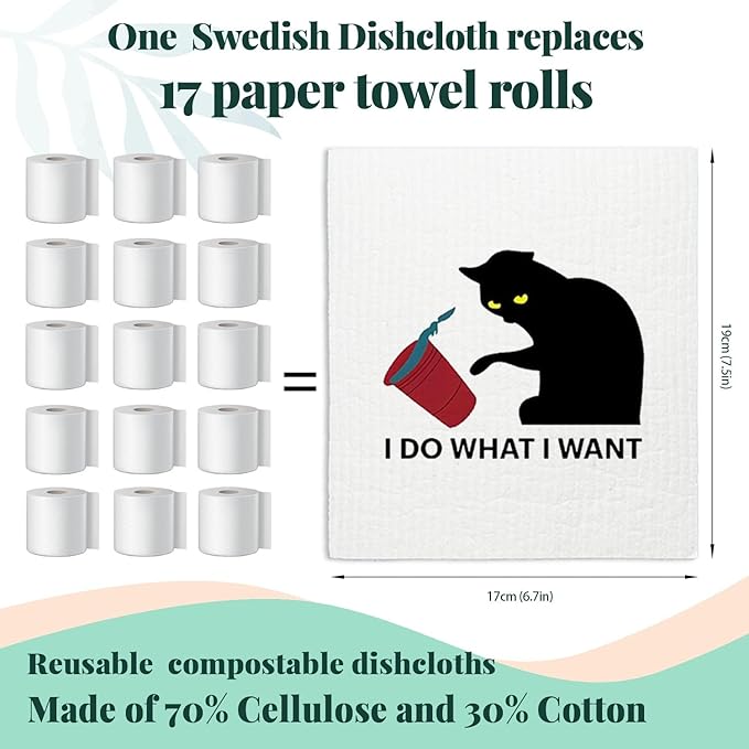 Cat Cute Swedish Dishcloths for Kitchen, Cat Dish Towels, Papaya Reusable Paper Towels, 4 Pack Dish Towels for Kitchen, Swedish Dish Cloths, Reusable Paper Towels Washable