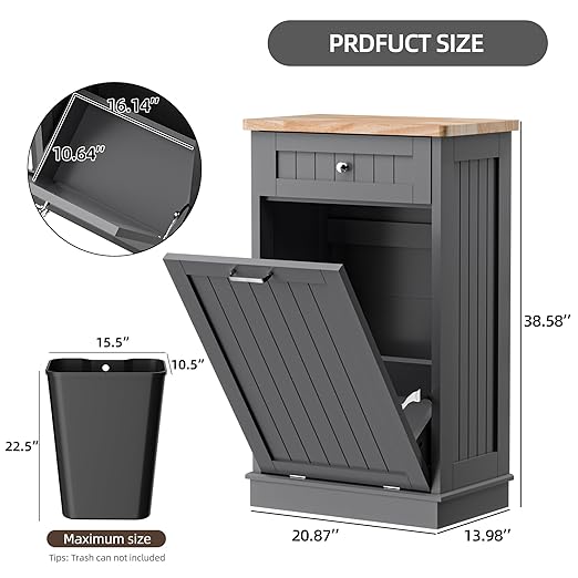 AHB 13 Gallons Tilt Out Trash Cabinet, Hidden Trash Can Kitchen Cabinet Wooden Tilt Out Pet Proof Hidden Trash Bin for Kitchen Living Room, Grey