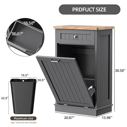 AHB 13 Gallons Tilt Out Trash Cabinet, Hidden Trash Can Kitchen Cabinet Wooden Tilt Out Pet Proof Hidden Trash Bin for Kitchen Living Room, Grey