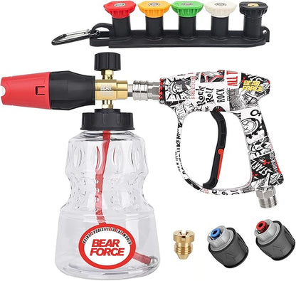 BEAR FORCE High-pressure Water Gun Painted with American-style Elements M22-ID14mm Inlet Max 3000Psi & Foam Cannon 32oz, for Bosch, Nilfisk, Sun Joe, Koblenz, Truper Electric Pressure Washer, Car Wash