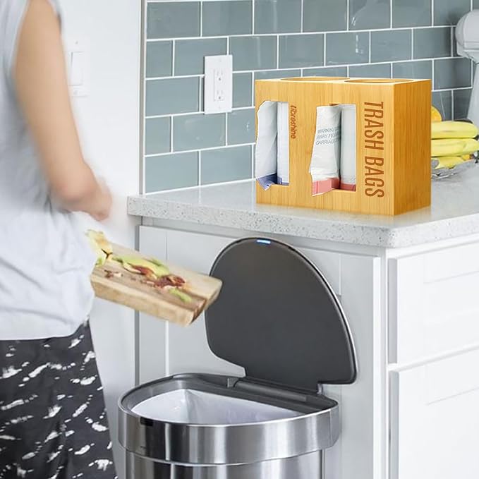 Libreshine Extra Large Bamboo 2-in-1 Trash Bag Dispenser & Roll Holder – Fits Costco Kirkland & Members Mark Jumbo Rolls, Wall/Under-Sink/Cabinet Mountable, Dual-Slot Storage for 2 Rolls