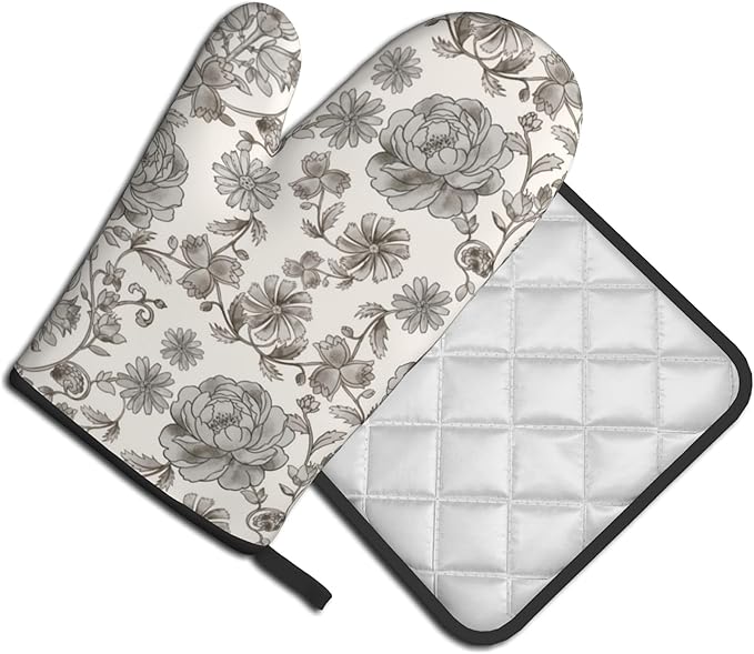 Vintage Flowers Oven Mitts and Pot Holders Sets Boho Kitchen Gloves White Grey Floral Hot Pads Cute Baker Stuff Chef Cooking Baking Gifts for Women