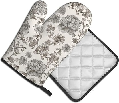 Vintage Flowers Oven Mitts and Pot Holders Sets Boho Kitchen Gloves White Grey Floral Hot Pads Cute Baker Stuff Chef Cooking Baking Gifts for Women