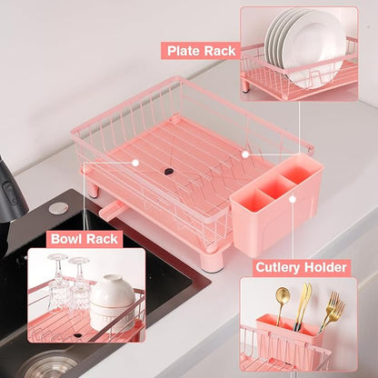 Cute Pink Dish Drying Rack with Drainboard,Dish Racks for Kitchen Counter Organization (with 4 Hooks)