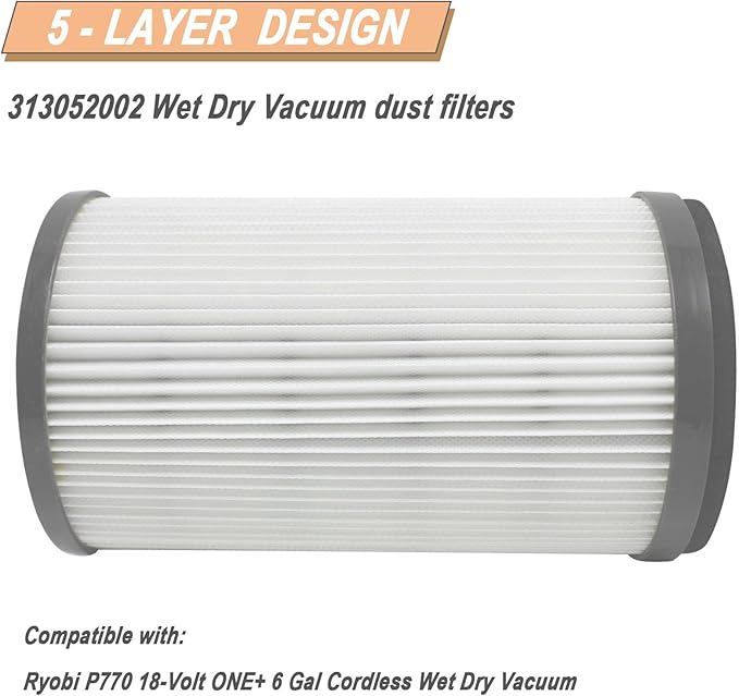 P770 Replacement Filter Compatible with Ryobi 18-Volt ONE+ 6 Gal Cordless Wet Dry Vacuum Filter 313052002 (1 Packs，Grey)
