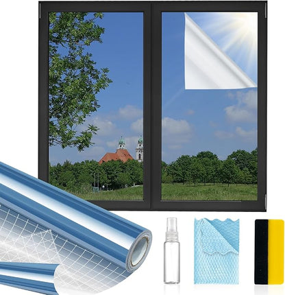 MAGIDEKOR Window Privacy Film One Way, Reflective Mirror Window Film Daytime Privacy, UV Sun Blocking Heat Control Static Cling, Window Tint for Home Office - 35.4 Inch X 6.5 Feet