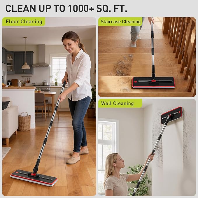 HoMettler Transparent Mop and Bucket Set with Separate Dirty & Clean Water, 65" Flat Mop for Floor Cleaning, 4 Machine Washable Microfiber Pads for Wood Tile-Black