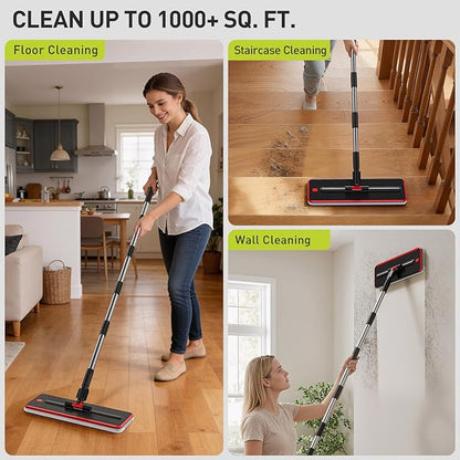 HoMettler Transparent Mop and Bucket Set with Separate Dirty & Clean Water, 65" Flat Mop for Floor Cleaning, 4 Machine Washable Microfiber Pads for Wood Tile-Black