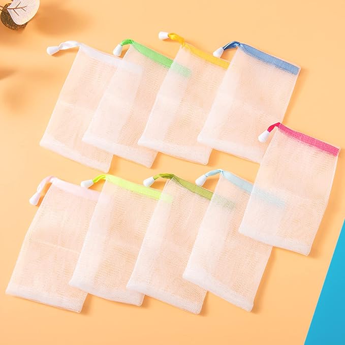 INVODA 32 PCS Soap Net Bag Double Layer Drawstring Soap Mesh Soft Bath Soap Net for Facial Body Exfoliation Cleaning Tool (Random Color)