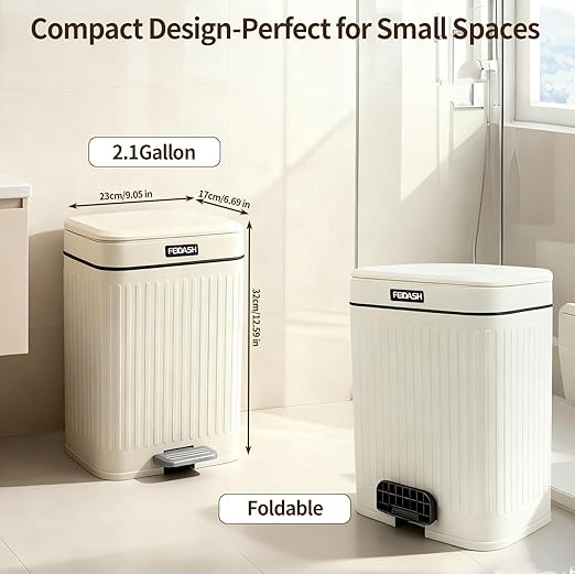 2.1 Gallon Small Trash Can with Lid, 2 Opening Ways (Press Top & Foot Pedal) Soft Close Slim Waste Bin + 75 Trash Bags Included, for Bathroom, Office, Bedroom & Kitchen - Cream