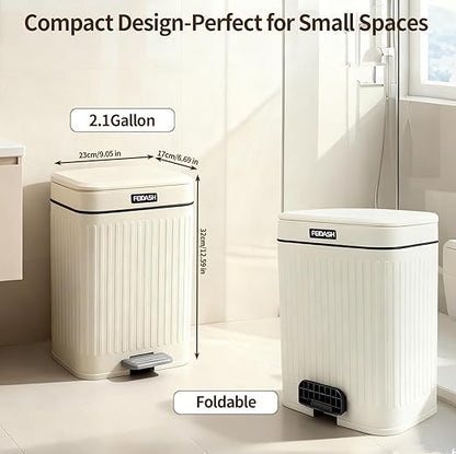 2.1 Gallon Small Trash Can with Lid, 2 Opening Ways (Press Top & Foot Pedal) Soft Close Slim Waste Bin + 75 Trash Bags Included, for Bathroom, Office, Bedroom & Kitchen - Cream