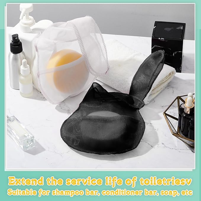 Nuanchu 2 Pcs Shampoo Bar Holder Bag Soap Saver Bag Beauty Shampoo Conditioner Bar Pouch Rabbit Shape Travel Soap Holder Loofah Bubble Foam Net Savers(Black, White,L)