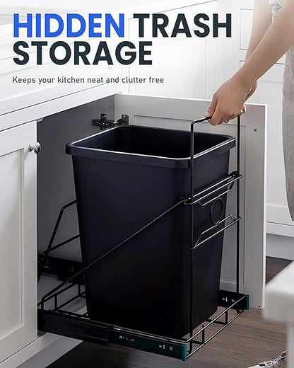 Pull Out Trash Can Under Cabinet Adjustable Trash Can Holder for 7 to 11 Gallon Bin Bottom Mount Slide Out Trash Rack for Narrow Cabinets(Black, No Bin Included)
